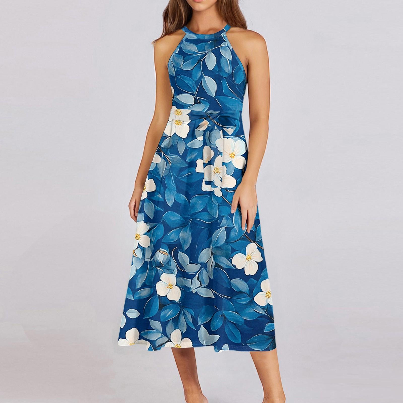 

Женское повседневное платье миди с круглым вырезом, классическое, повседневное, без рукавов, свободное платье в стиле бохо с завязками, летний пляжный сарафан M