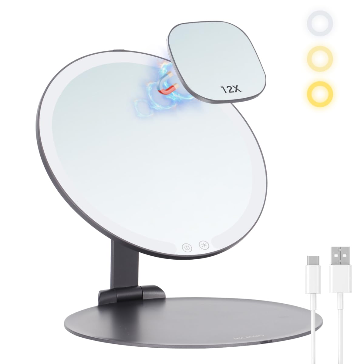 

MILEDUO LED Makeup Folding Tabletop Mirror with Actress Folding Mirror with 12x Pocket 3 Stepless CRI Color HD Freely Adjustable USB 20cm Gray Mirror,