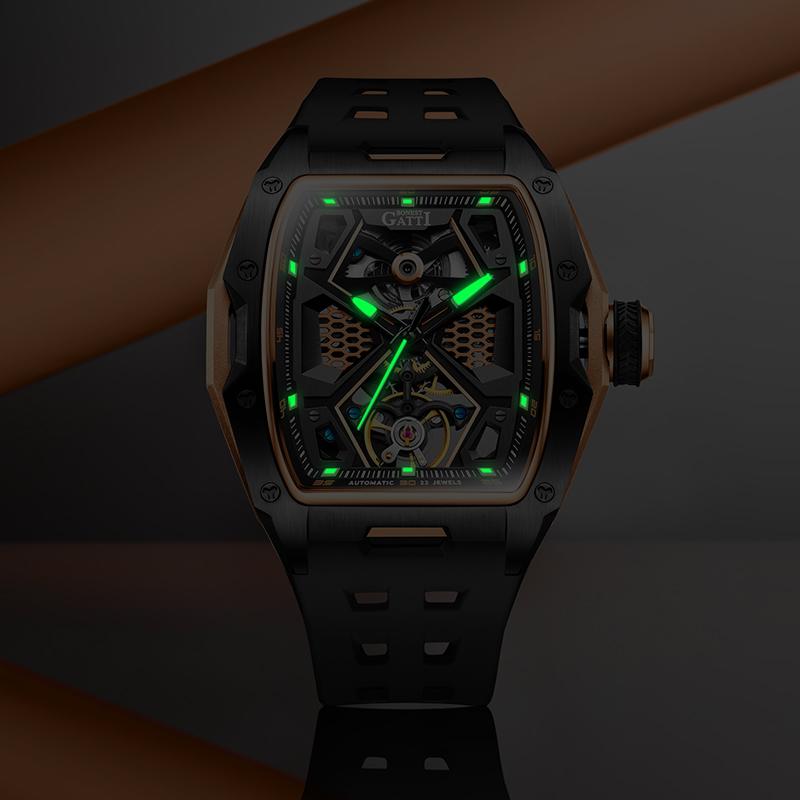 BONEST GATTI BG5501 Automatic Mechanical Watch Men Skeleton Waterproof Luminous Dial Tonneau Wristwatch