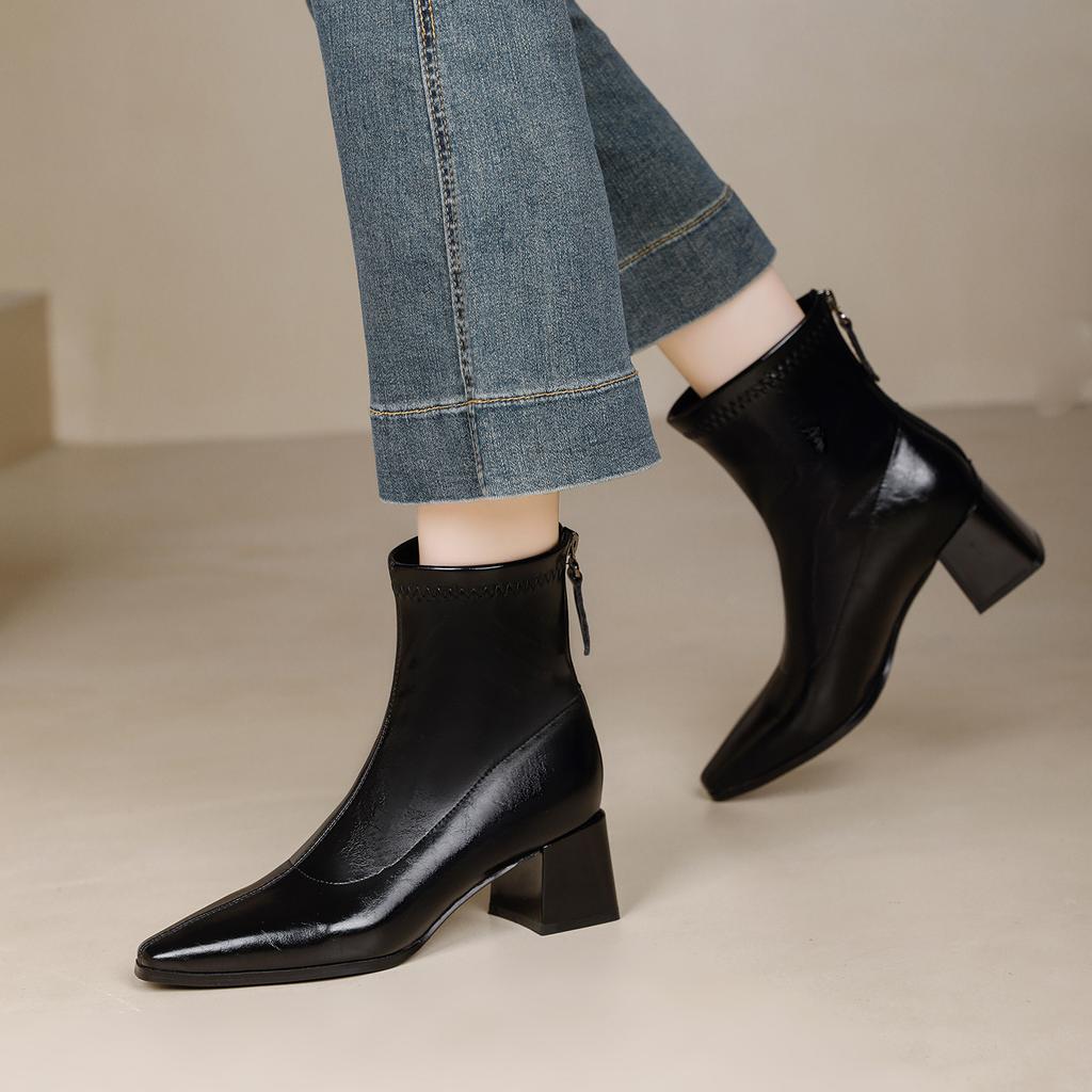 Dicke Ferse kurze Stiefel Damen 2025 neu Winter Damen Schuhe spitz mittelhoch dünne Stiefel französische braune Stiefel Damen mittelhohe Stiefel