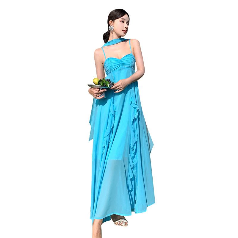 Muse Fan Seaside Vacation Dress Travel Photo Ruffle Edge Suspender Skirt Blue Streamer Backless Beach Dress
