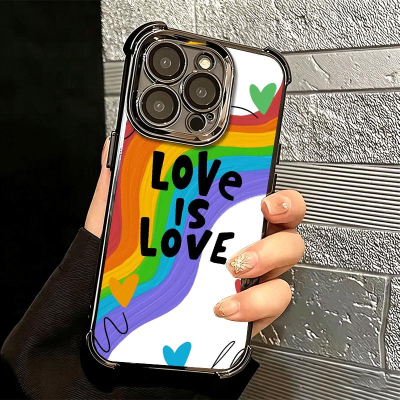LGBT Rainbow Love Is Love Plating Phone Case For Iphone 16 17 Pro Max Air 16E 14 15 Plus 12 13 Mini Anti-Fall Airabag Cover