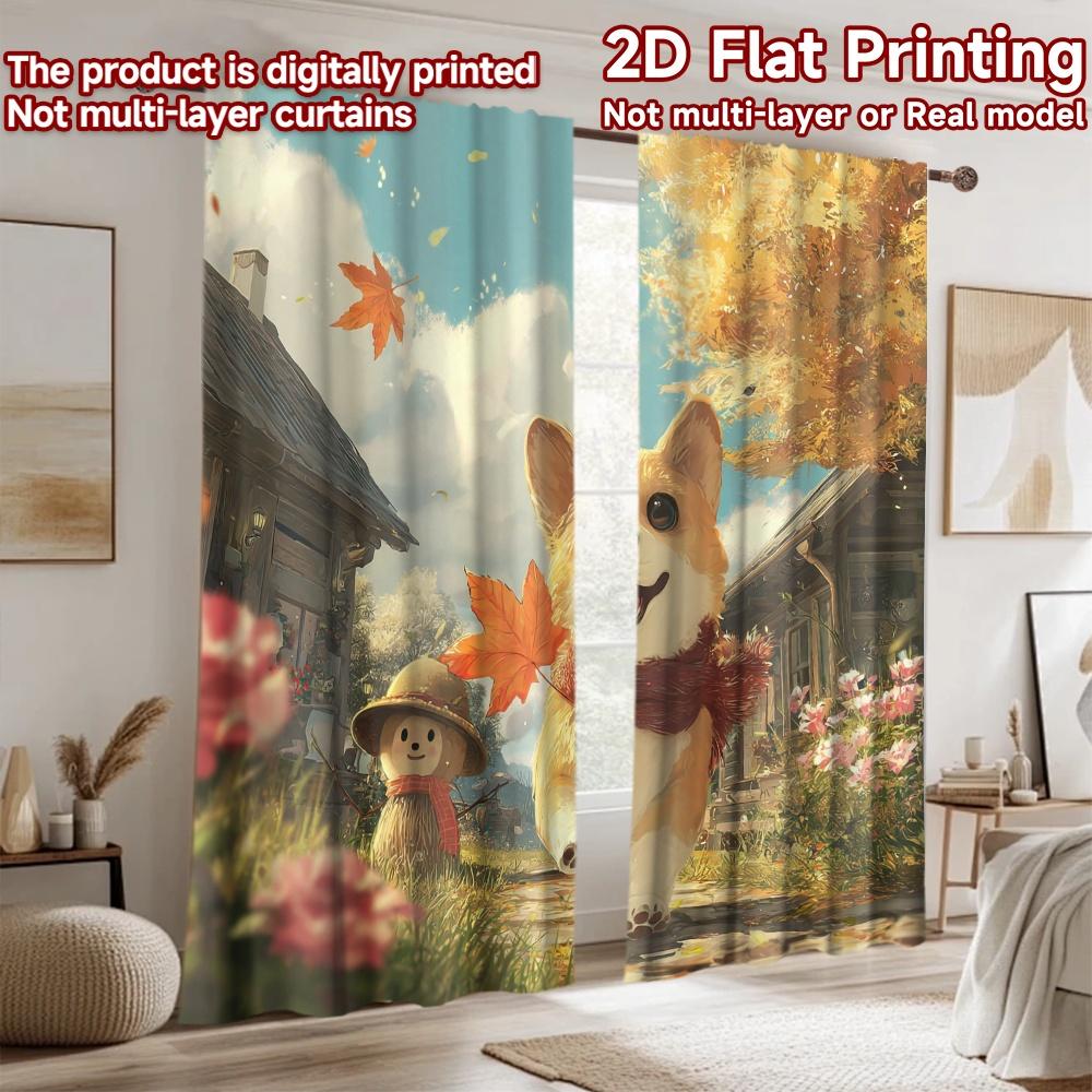 2D flat printing 2pcs Party Curtains Cute Shiba Inu Scarecrow Autumn Leaves Digital Printed Polyester Drapes Seasonal Party &