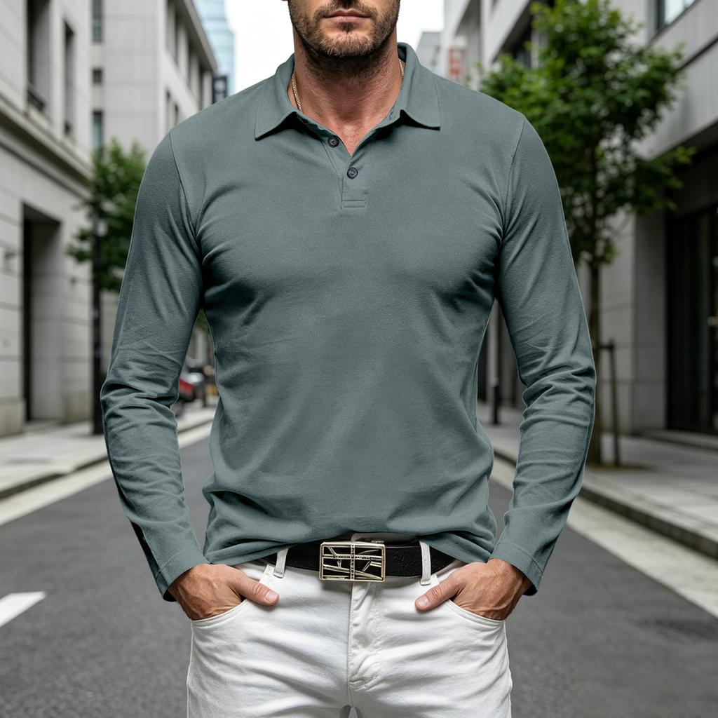 Men's Casual Loose Fit Long Sleeve Polo Shirt Button Collar Soft Fabric Comfortable Everyday Wear