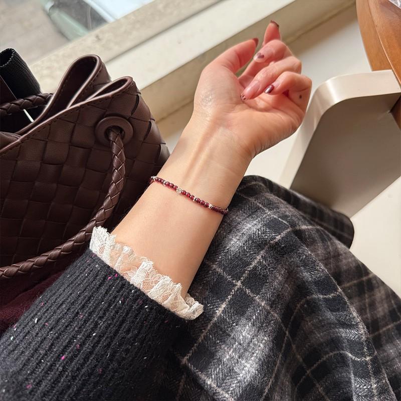 Sterling Coin Garnet Beaded Bracelet Women Minimalist Boho Style Adjustable Handmade Jewelry B3036