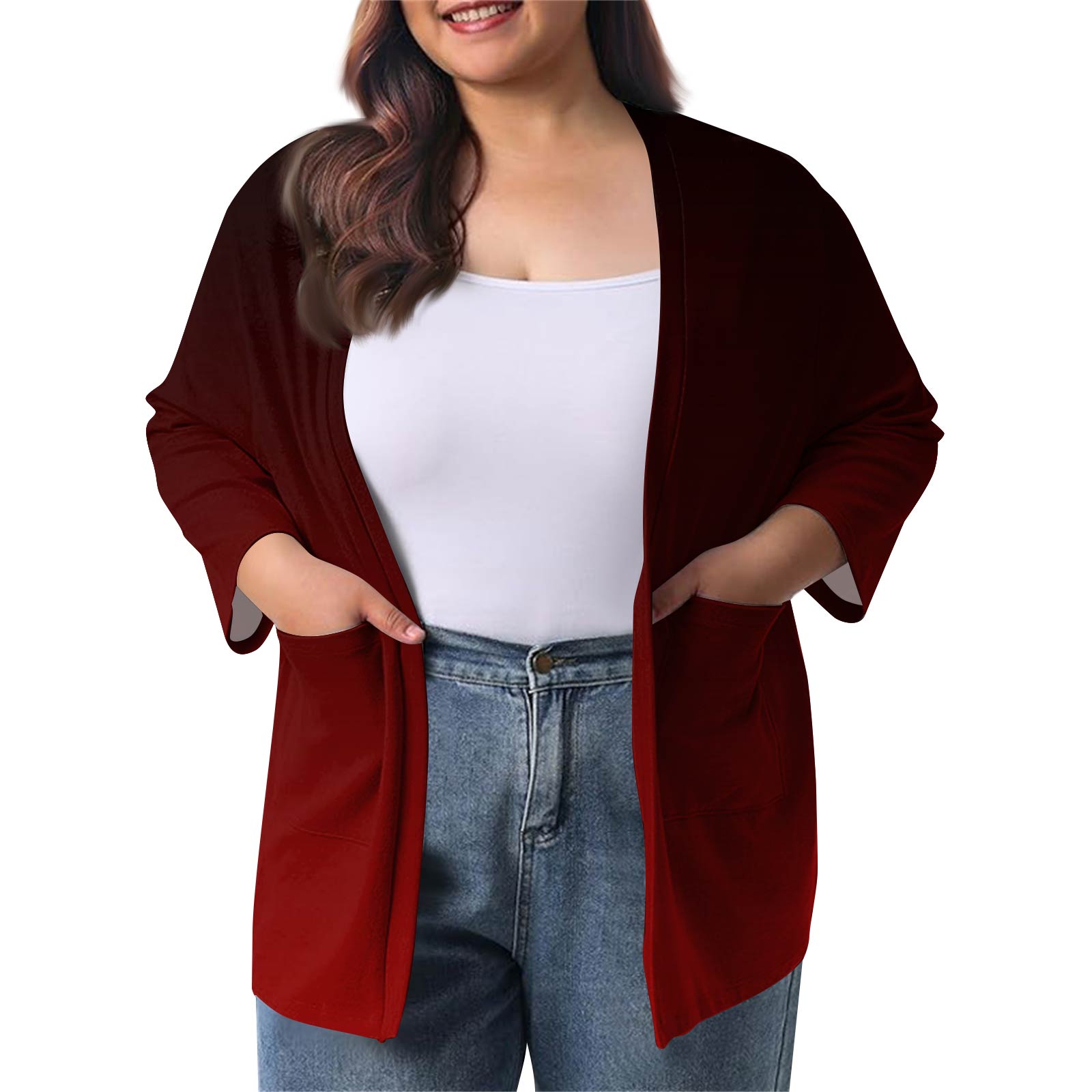 

Женский осенне-зимний модный повседневный однотонный кардиган-жакет длиной до середины бедра с рукавом 3/4 XL винный
