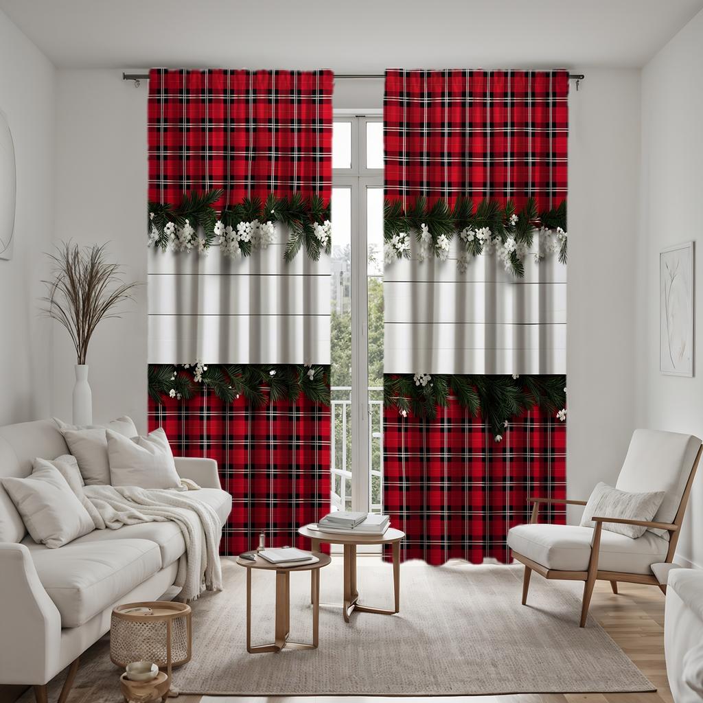 2pcs HD Christmas Black Red Check Green Rattan Decorative Curtain Red Tie Digital Printed Curtain Home Decoration Style Decor