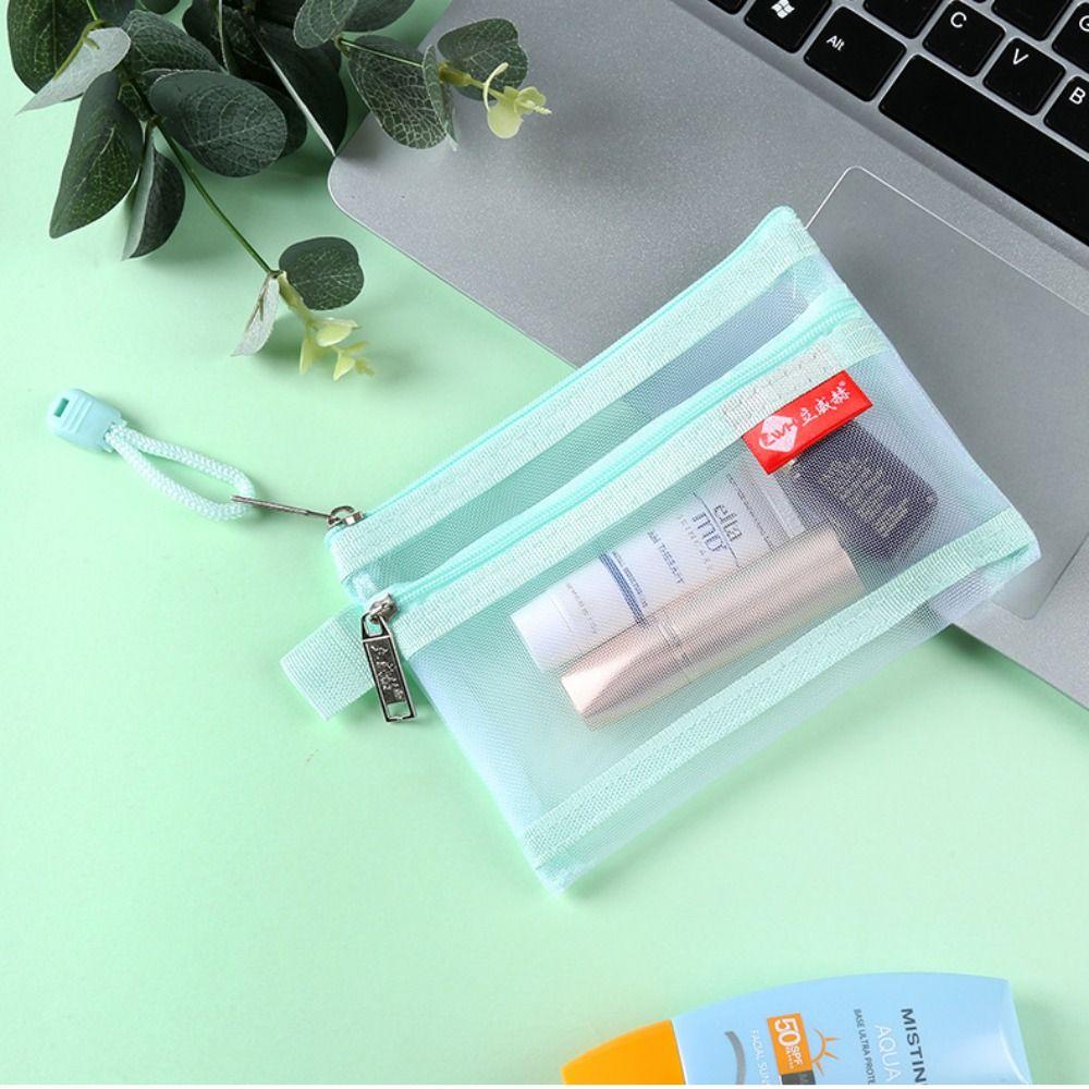 Portable Nylon Money Wallet Purse Mesh Bus ID Credit Card Storage Bag Small Coin Bags with Zipper Double Layer Organizer Pouch