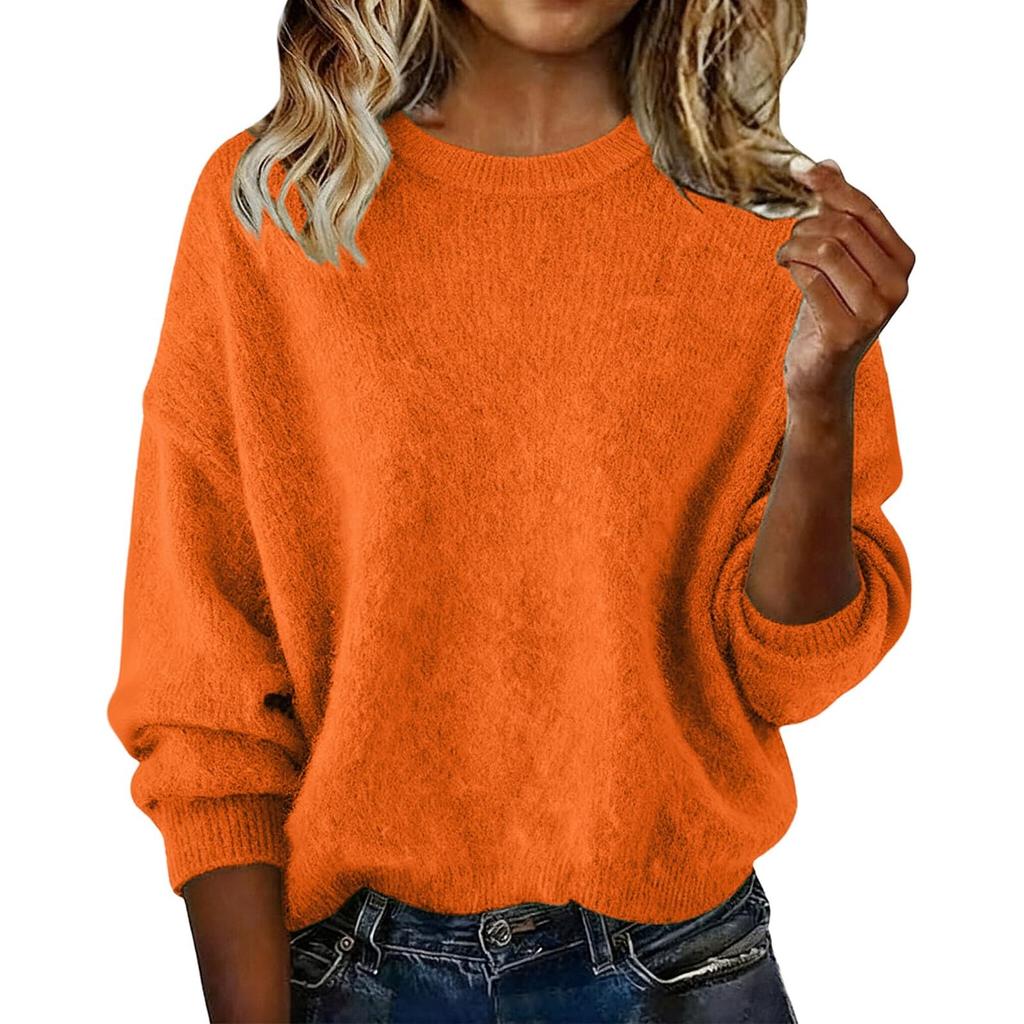 Women's Fashion Casual Loose Pullover Solid Color Round Neck Long Sleeve Knit Sweater