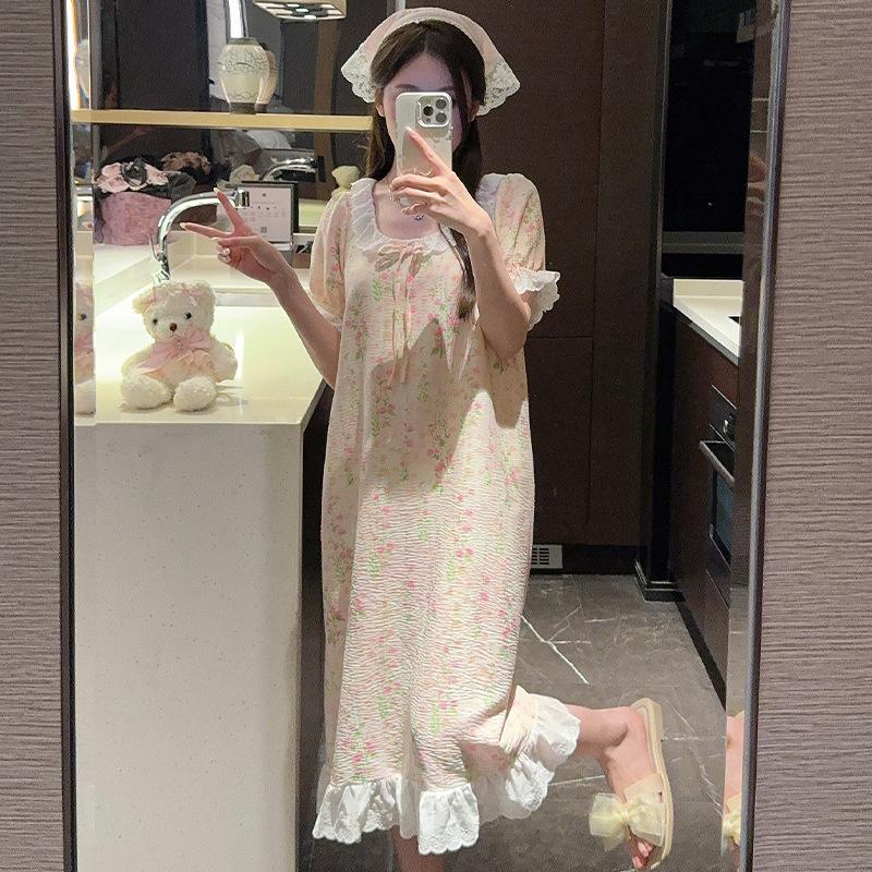 

D summer new product sweet princess style round neck lace bow medium and long nightdress pajamas women s loungewear M