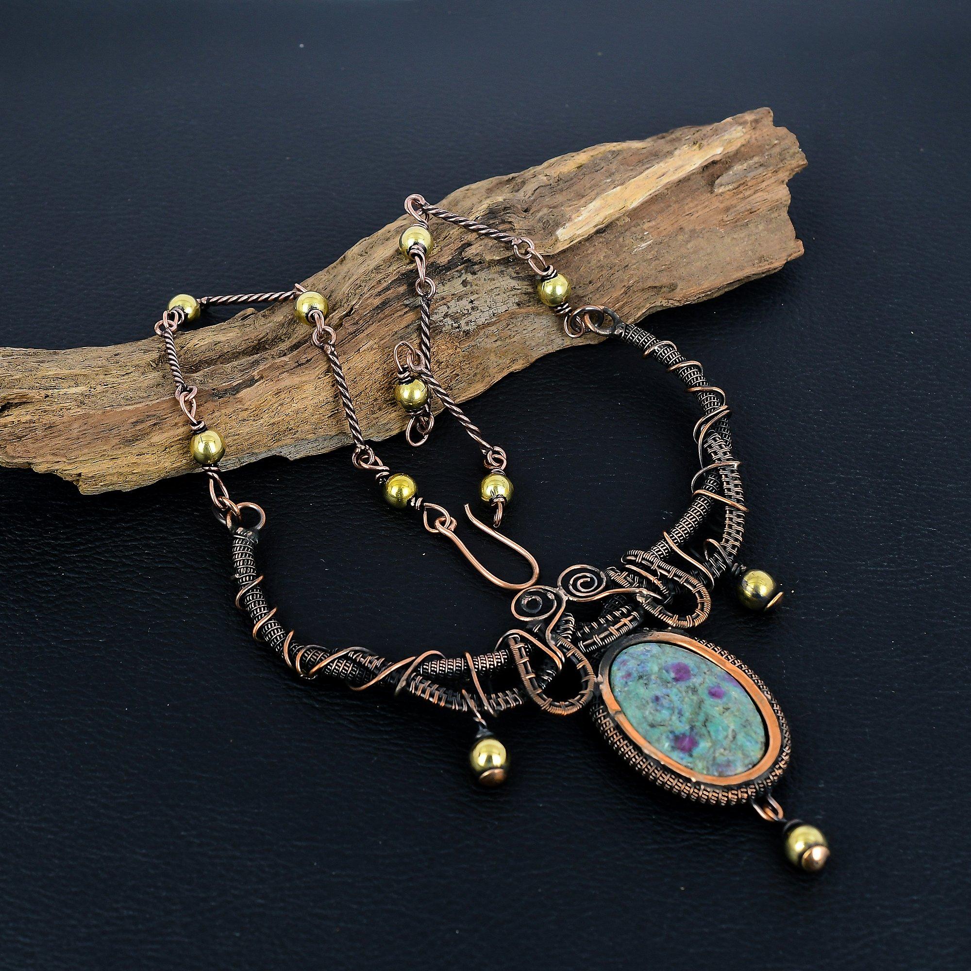 

Ruby In Fuchsite 999 Copper Wire Wrapped Necklace with Adjustable Chain, Handmade Gemstone Jewelry Necklace For Memorial Day