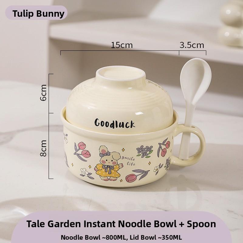 Ceramic Instant Noodles Bowl with Lid And Handle Dormitory Student Microwave Safe Soup Bowl Personal Special Bowl Cartoon Design