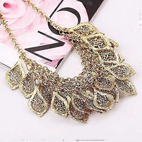 Vintage Gorgeous Multilayer Gold Plated Leaves Chain Collar Bib Chunky Necklace
