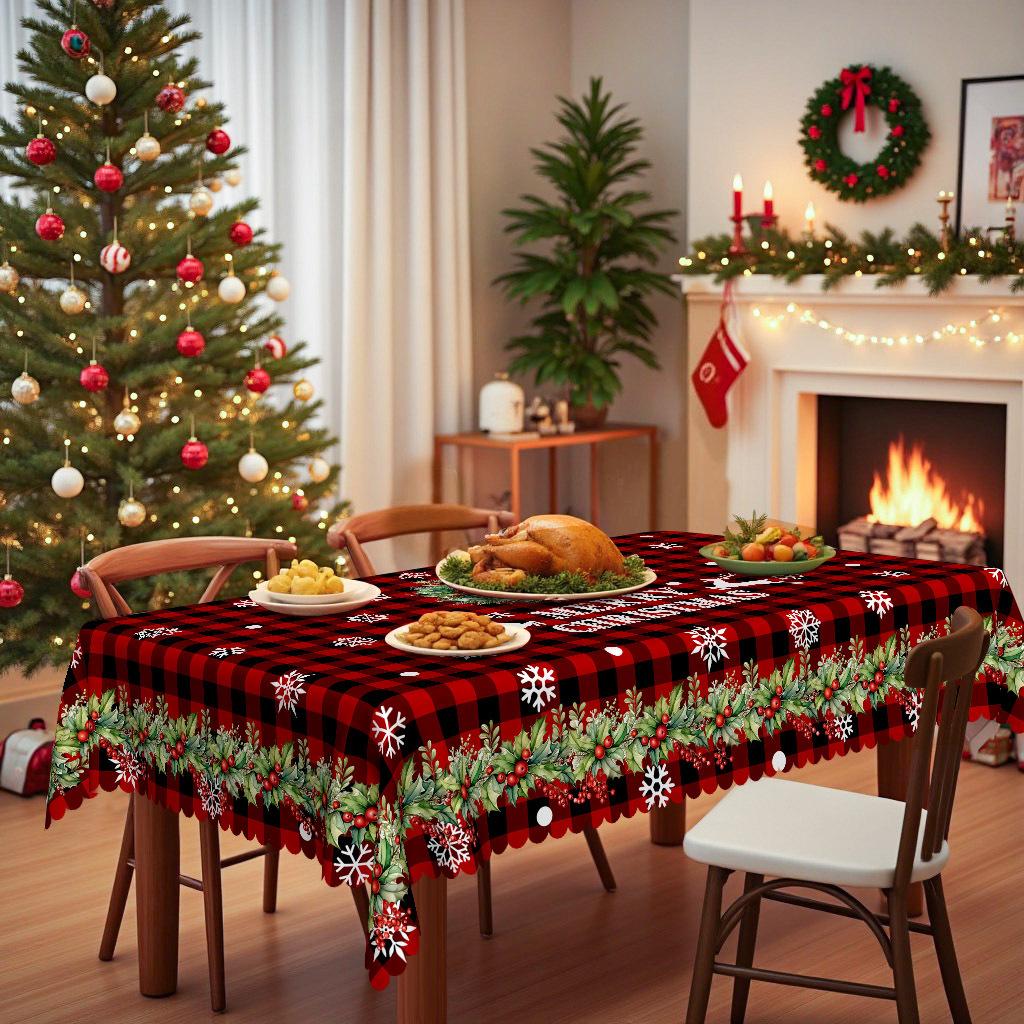 Red Black Checked Christmas Tablecloth, Snowflake Reindeer Merry Christmas Print, Rectangular Table Cloth