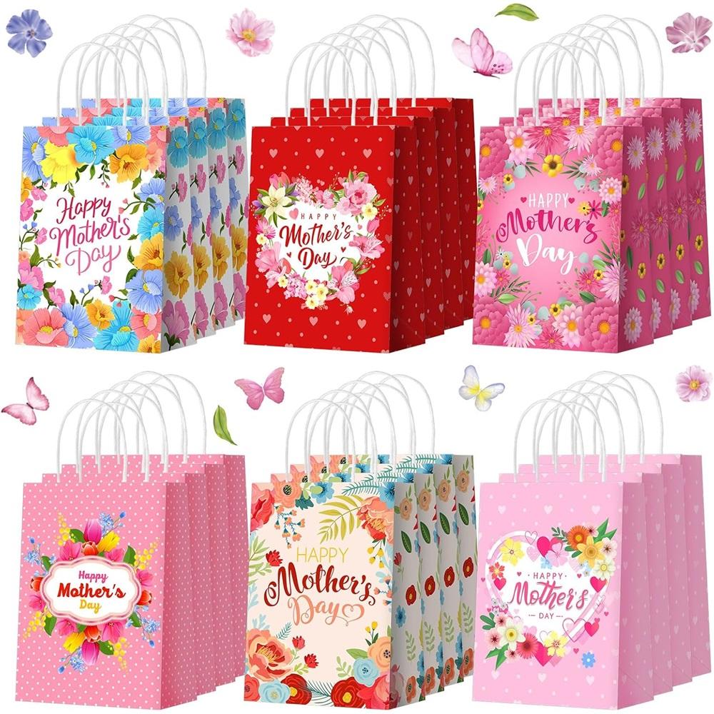 

24-Pack Mother s Day Gift Bags – Pink & Red Paper Bags With Handles – 6 Styles, Heart & Flower Designs – 8.27x5.9x3.15 – Reusable Kraft Paper