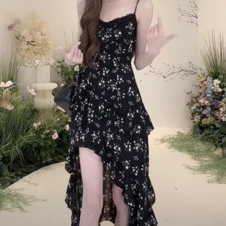 Irregular floral suspender dress for women's spring and summer new waist and thin black lotus leaf edge printed medium and long skirt