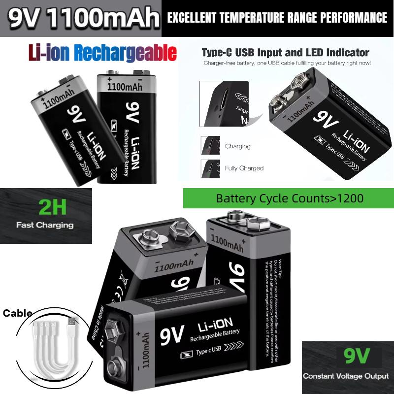 9V Battery Rechargeable 1100mAh USB Type-C 6F22 9V Li-ion Battery for Multimeter, RC Toys, Guitar Pedal, Microphone