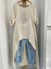 Women's Linen Irregular Long Top - Round Neck, Loose Fit, High-Low Hem, Versatile Fashion Shirt
