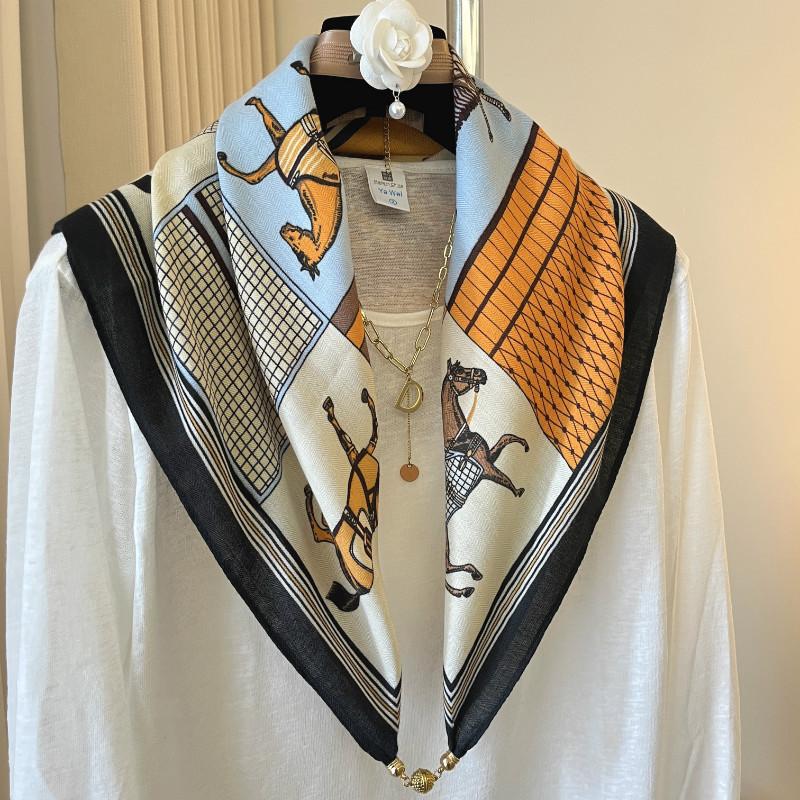 Silk cotton magnetic buckle silk scarf geometric and floral combination printing fashion personality spring autumn and winter versatile single item