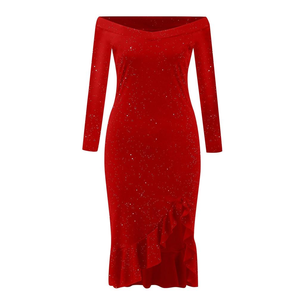 Women's Casual Sexy Solid Color One-Line Neck Ruffle Slit Sequin Dress