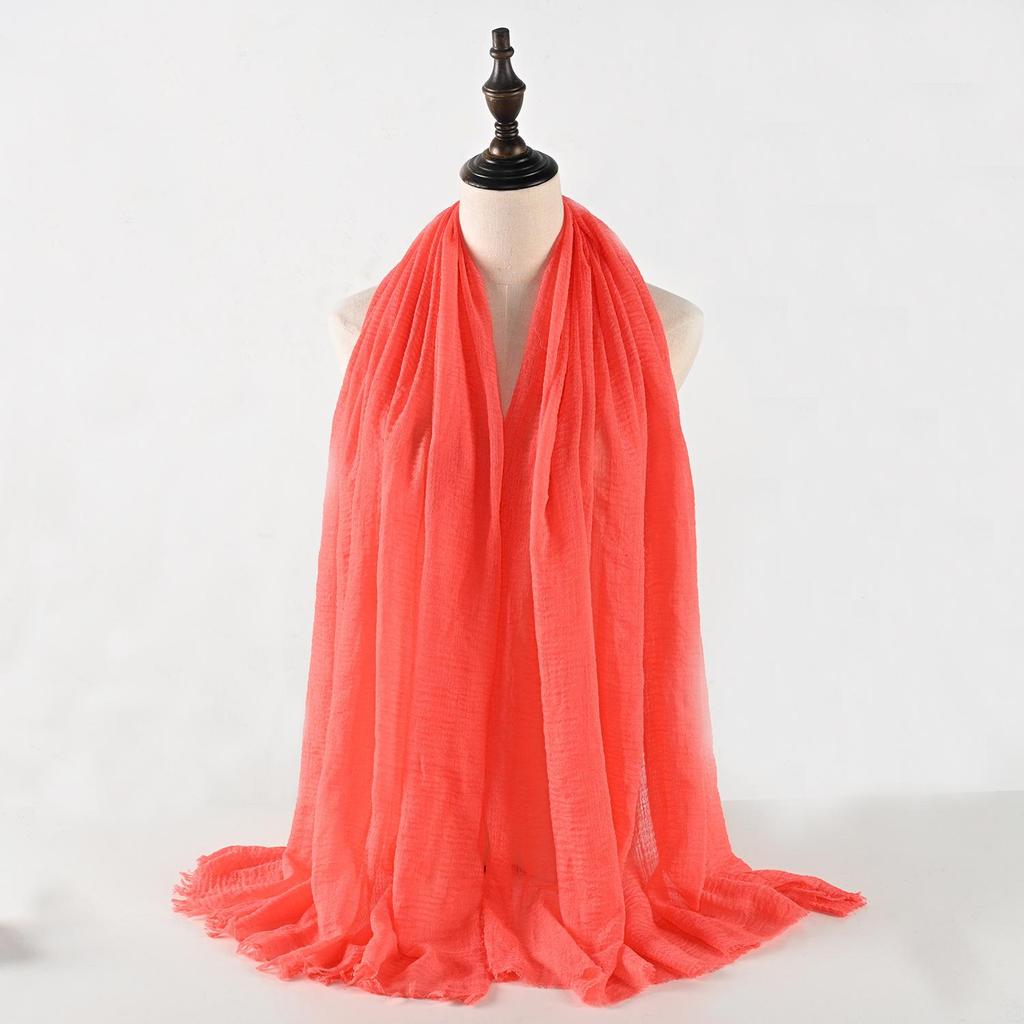 Crinkled Cotton-Linen Blend Scarf with Fringe - Solid Color, 90x180cm, Women's Headscarf