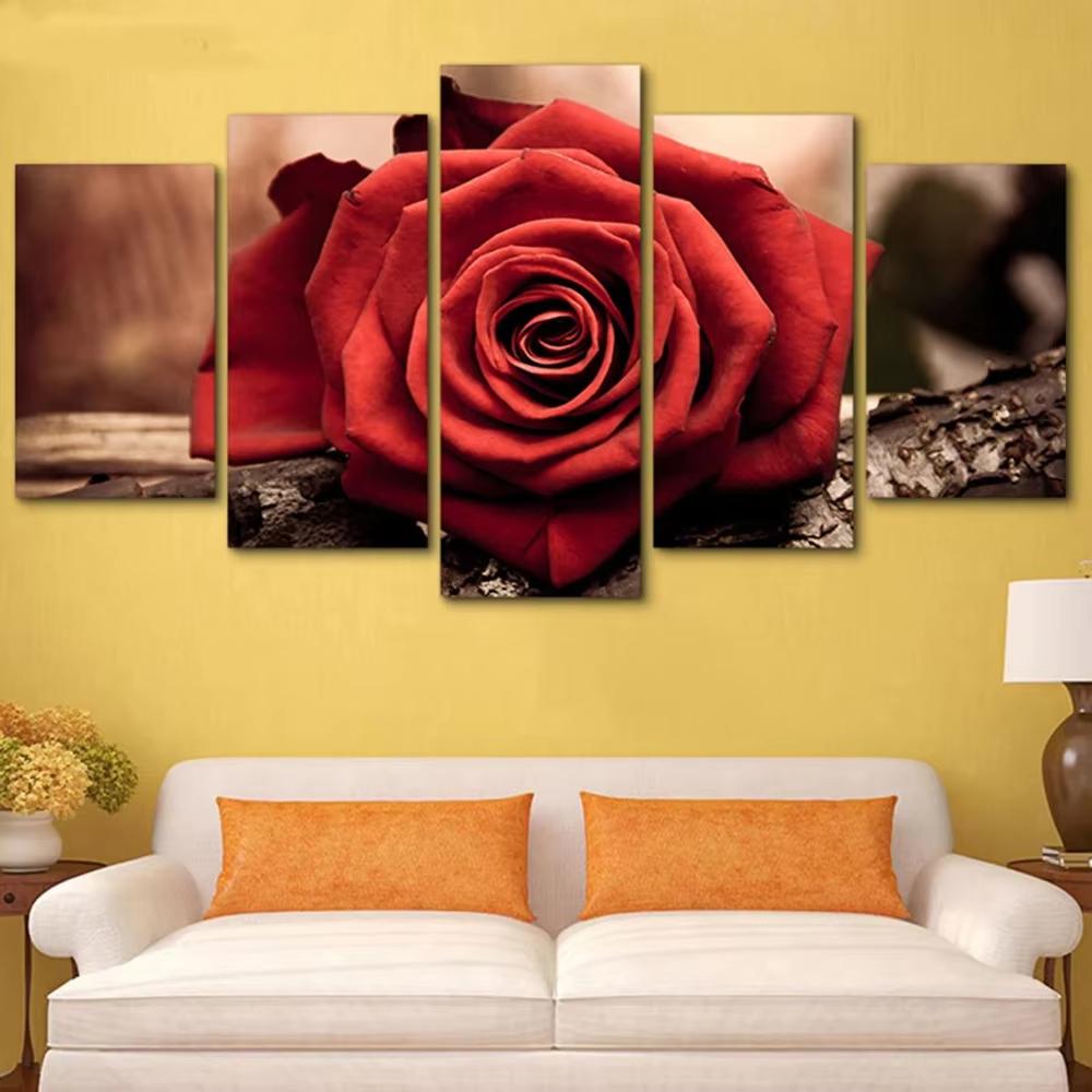 

5 Panel Black And Red Rose Flower Canvas Wall Art Modern Floral Stone Artwork Home Decor For Living Room Bedroom No Frame 20x35-20x45-20x55cm