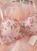 French Pink Floral Embroidered Bra and Thong Lingerie Set