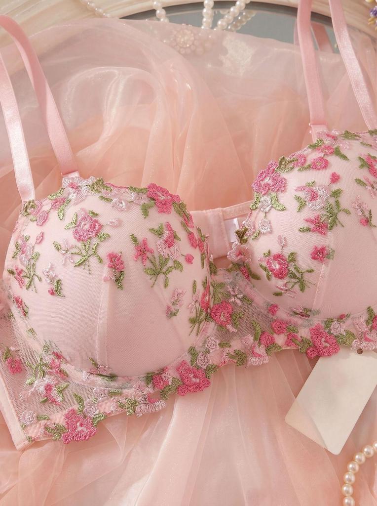 French Pink Floral Embroidered Bra and Thong Lingerie Set