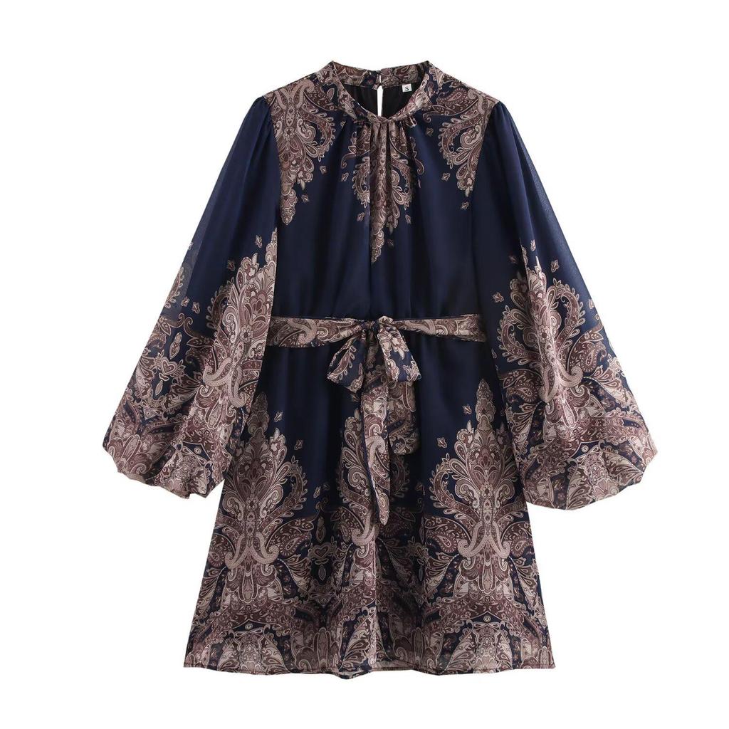 2025 Spring Women's European & American Stand-Up Collar Casual Print Dress
