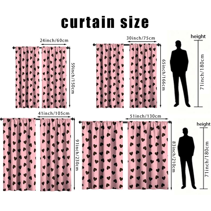 2PCS Pink Brown Heart-shaped Curtains   Sweet and Cool Style   Bedroom and Living Room   Decorative Curtains with Drawbar Pockets