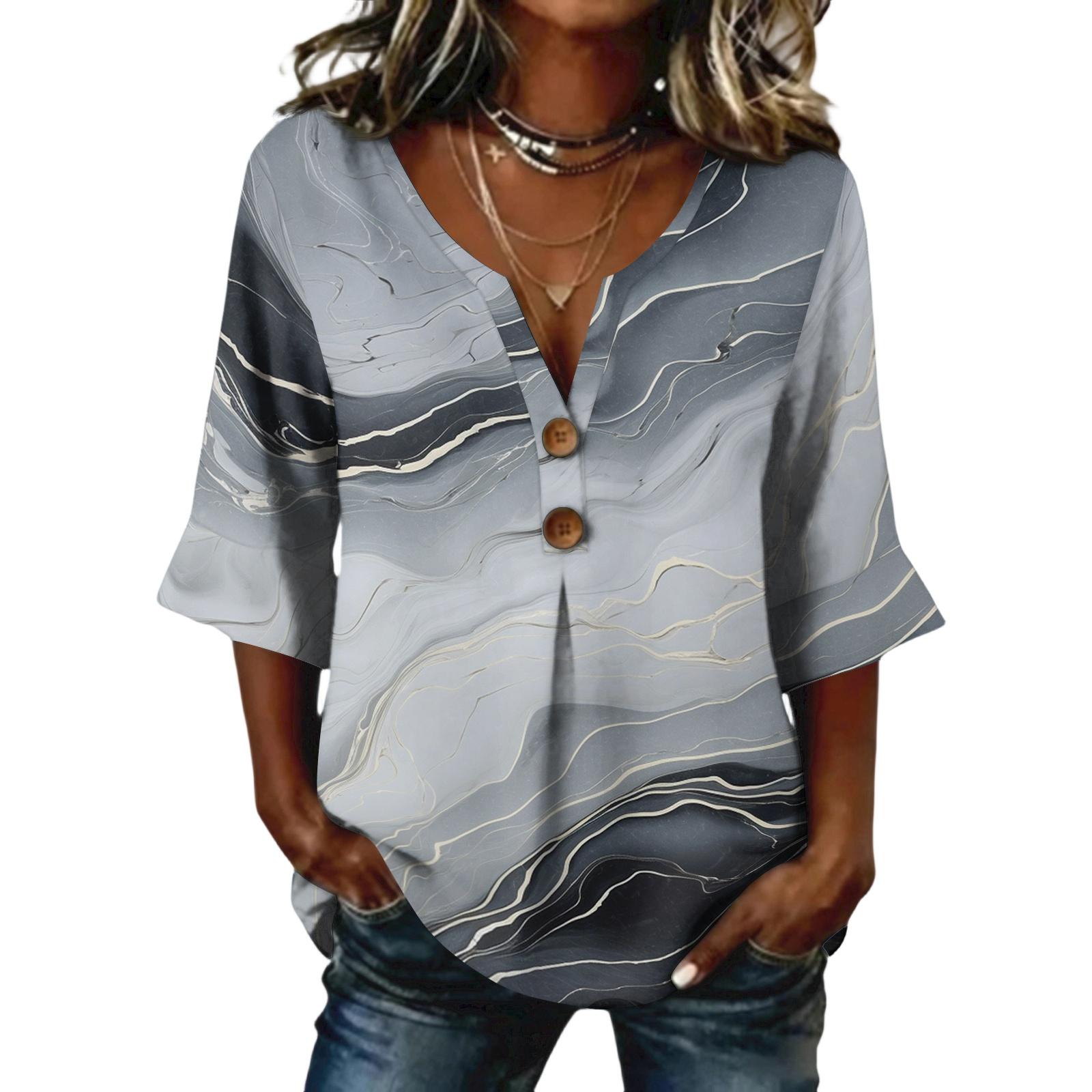 

Ladies floral print button casual V-neck fashionable seven quarter sleeve top S