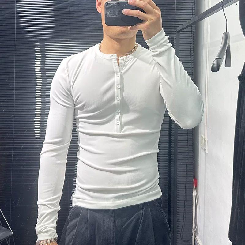 Herren Skinny Elastisches Langarm Halbknopf Henley-Kragen Lässiges T-Shirt 2XL weiß