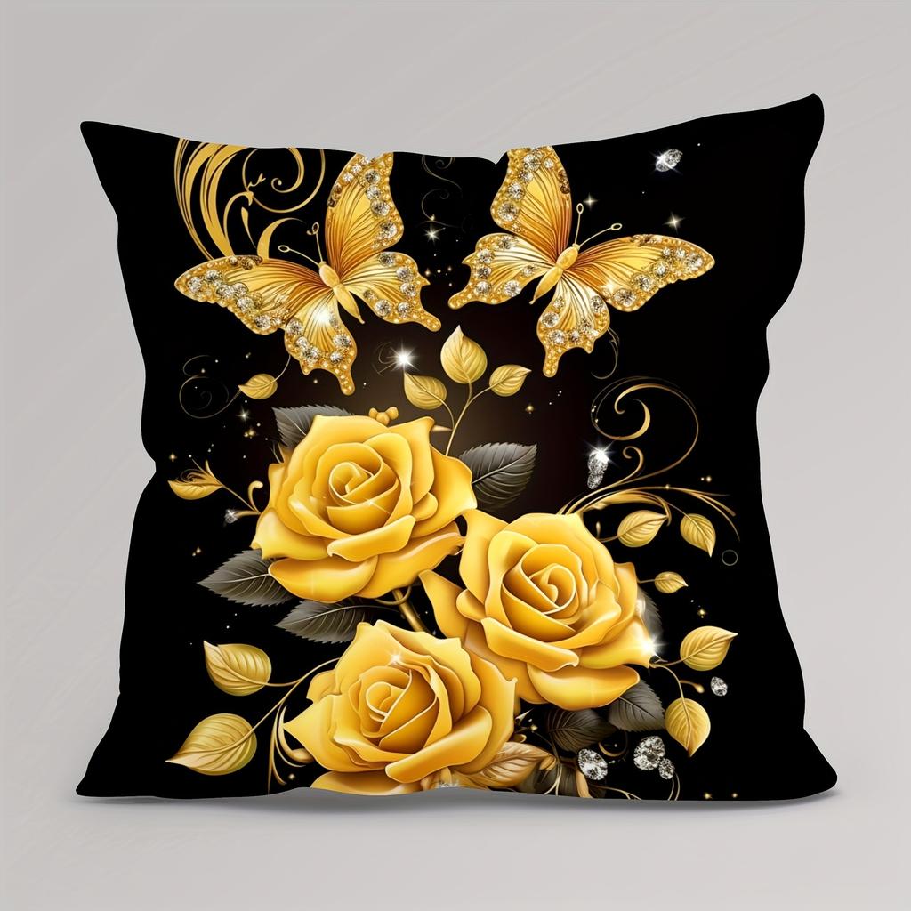 Golden Rose Butterfly Pattern Printed Pillowcase, Home Room Decoration, Soft and Comfortable, Sofa and Chair Cushion Cover