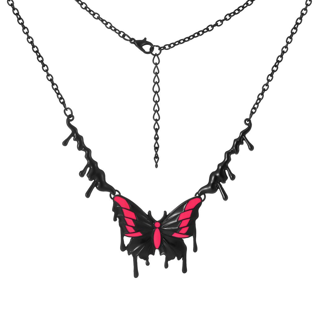 Necklace Personality Sexy Electrophoresis Black Drop Oil Powder Butterfly Pendant Collarbone Chain Necklace Female