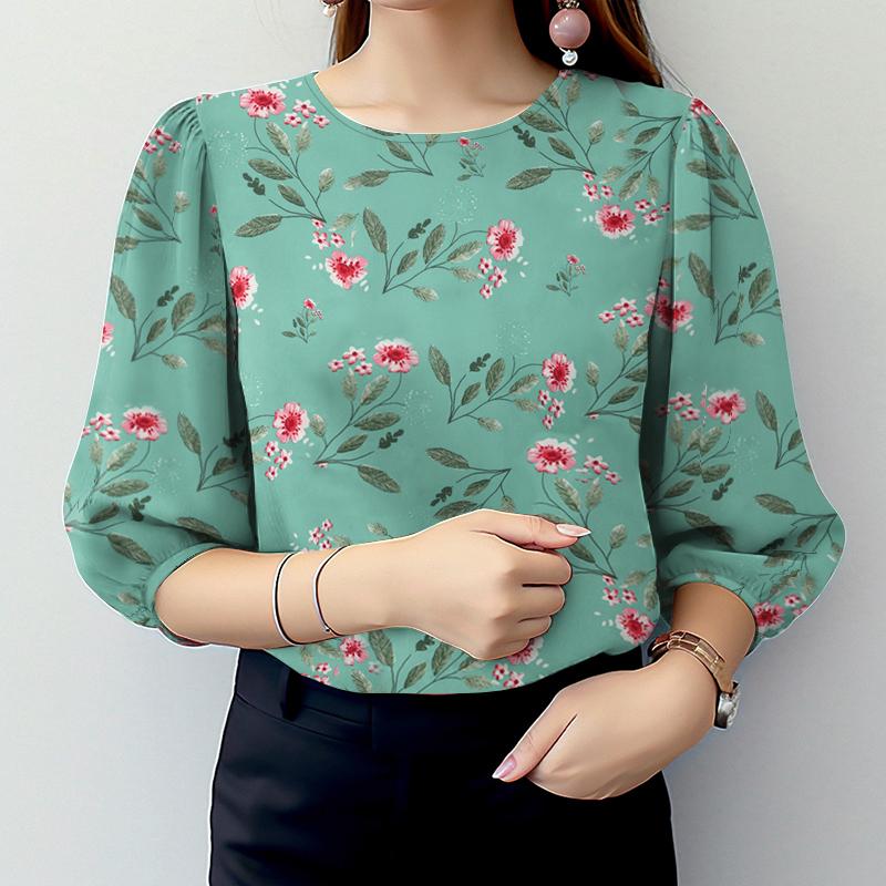 

ZANZEA Женская повседневная блузка с круглым вырезом и рукавом 3/4 с цветочным принтом 4XL