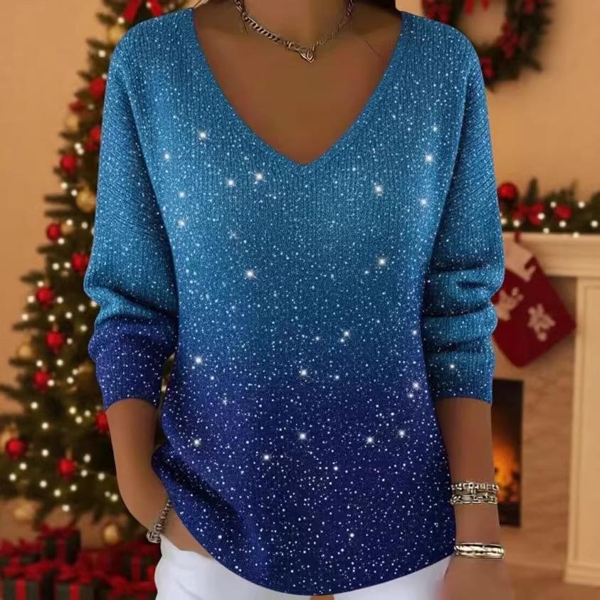 2026 Women's Spring Tie-Dye V-Neck Long Sleeve Top - European & American Trendy Style
