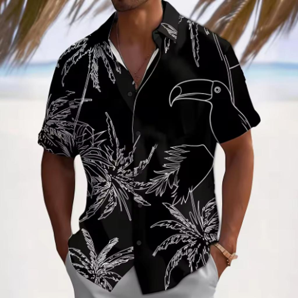 Thin Comfort Short Sleeve Shirts For Men, Relax Fit All Over Tropical & Marine Motif Lapel Tops