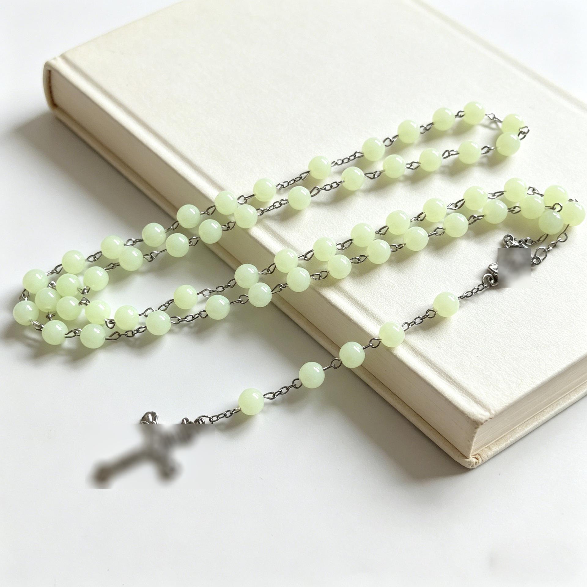 Luminous 8mm Round Bead Cross Necklace for Men and Women Electroplated