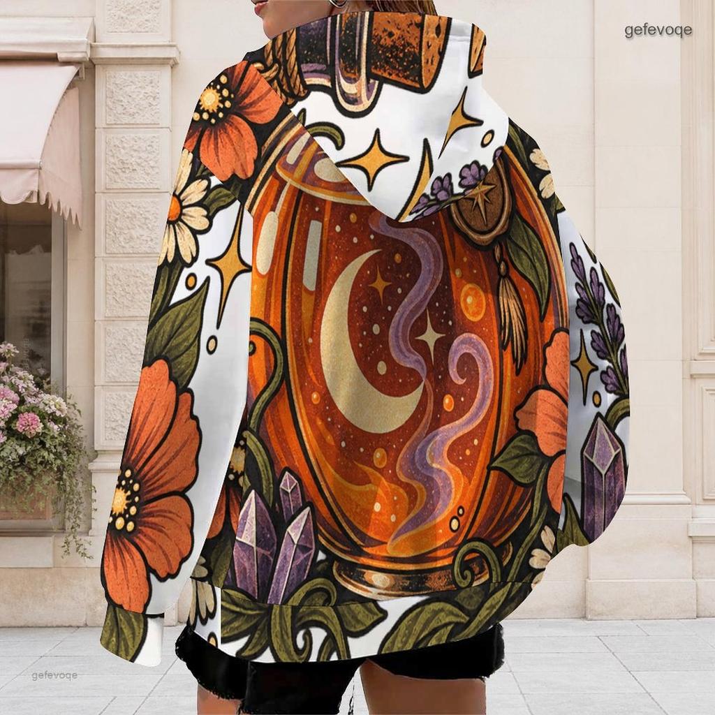 Women Plus Size Zip Up Hoodie Long Sleeve Drawstring Hood With Pockets Halloween Ghost Pumpkin Printed White