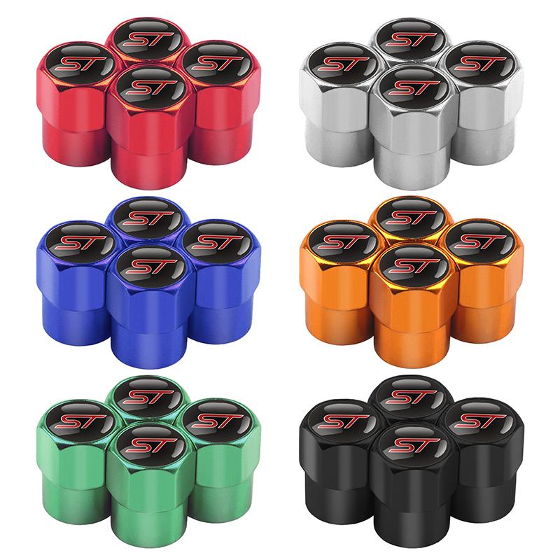 AJQ1 4pcs ST Emblem Aluminum Car Styling Wheel Tire Valve Cap Dust Cover for Ford Fiesta Mondeo Fusion Kuga Edge Mustang Explorer RS