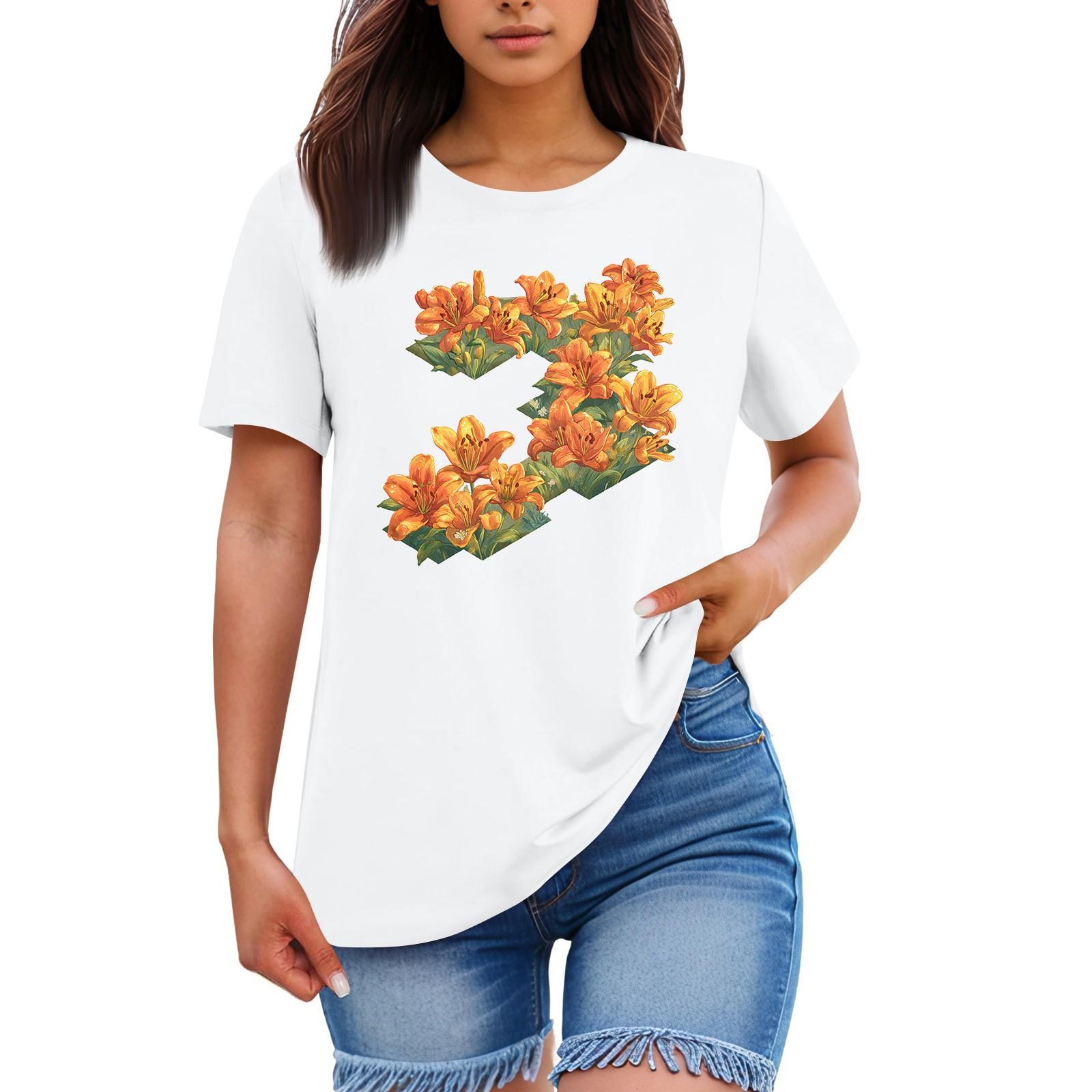 

Ladies Loose Comfortable Casual Fashionable Plant Flower Printed Round Neck Short Sleeved Shirt XXL білий