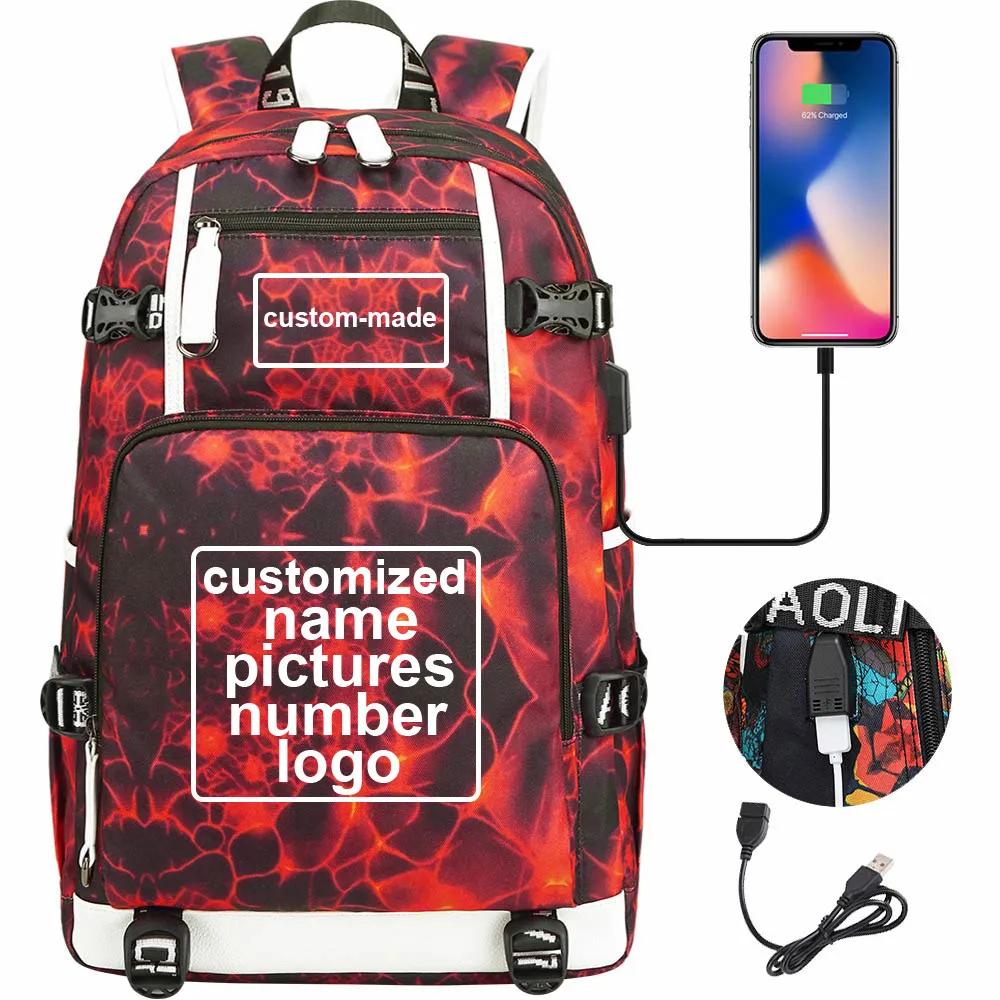 Customized Print DIY Your Like Photo or Logo Boy Girls Kids Book Bag Women USB Laptop Backpack Canvas Men Bagpack Big Travel Bag