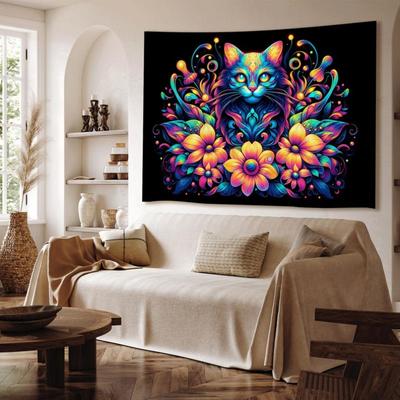 Psychedelic Cyber Style Black Light Cat Tapestry Psychedelic Flower Wall Hanging Bedroom Living Room Home Decoration