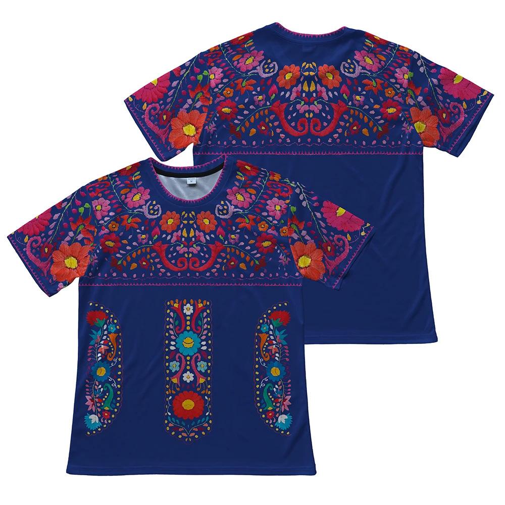 Women's Ethnic Floral Embroidered Style Short Sleeve T-shirts Summer Round Neck 3D Print Tops Fashionable Casual Tops