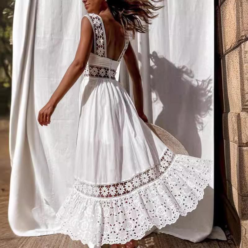 New European and American Fashion Lace Sleeveless Splicing Pendulum Long Dress Dress