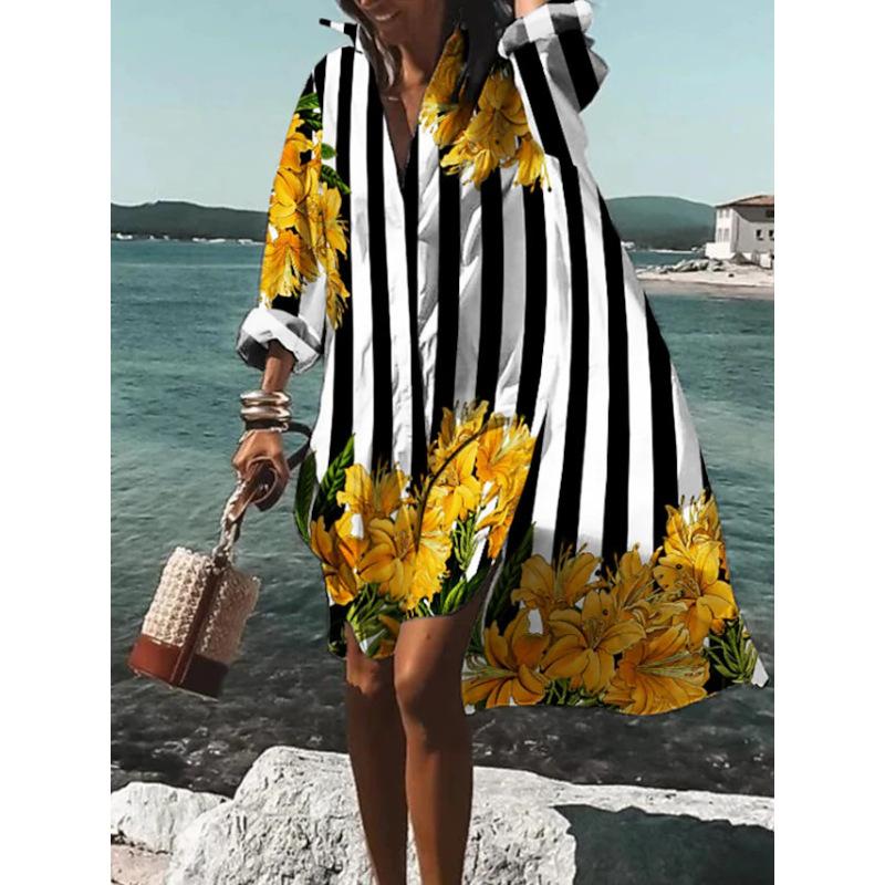 

Women s Long Sleeve Lapel Printed Crinkle Pocket Button Beach Cover Up Shirt Clothes Sale S жёлтый