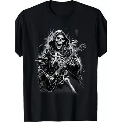 Europäische Größen Vintage Tod Skelett Gitarre Rockband Muster T-Shirt