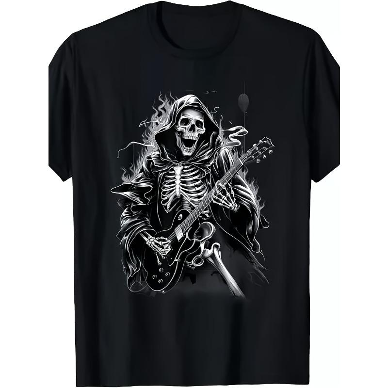 Европейские размеры Винтажная футболка с рисунком Скелет Смерти Гитара Рок-группа S чёрный