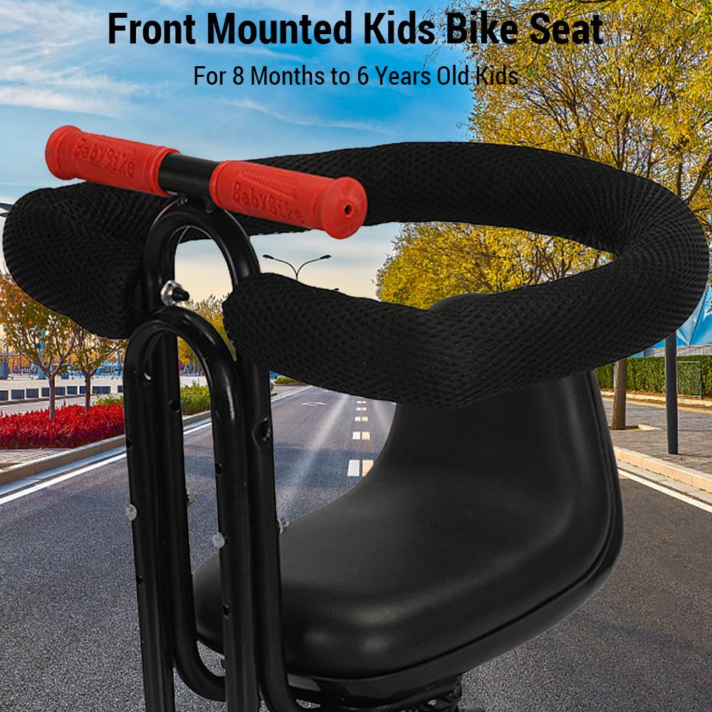 Vorne montierter Kinderfahrradsitz. Kindersicherer Fahrradsitz mit Zaun und Fußstütze für Kinder