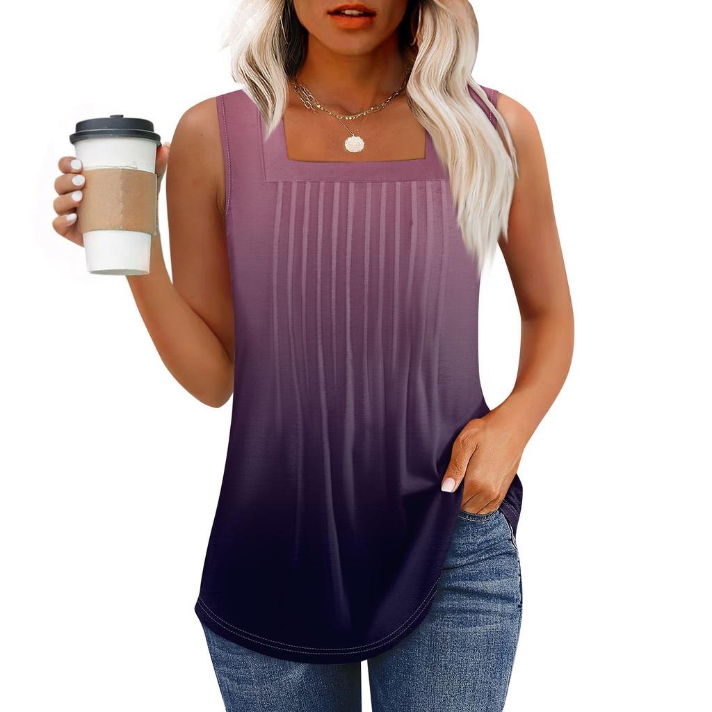 Tanktopp for kvinner Sommerantrekk Ermeløse Trykte Bluser Casual Løse Skjorter Plissert Firkantet Hals